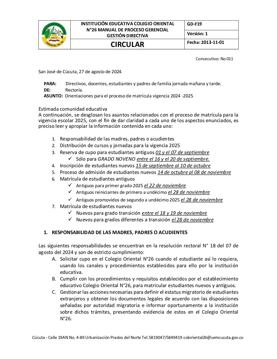 CIRCULAR N°011 MATRÍCULAS 2025